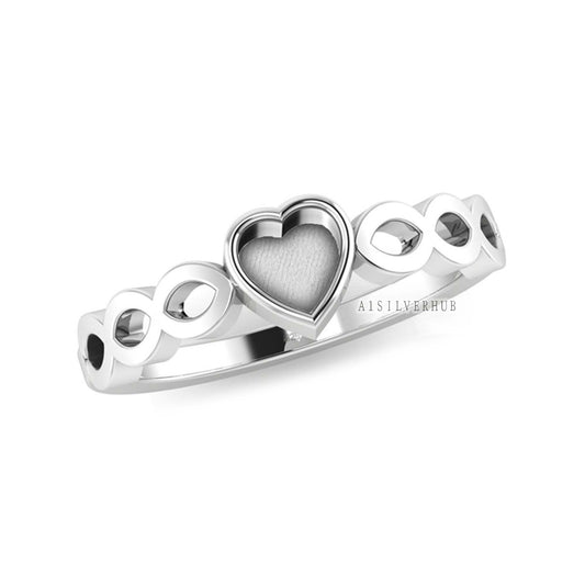 925 Sterling Solid Silver 5x5mm Heart Blank Bezel Infinity Band Ring, Good for Resin & Ashes Work, Breastmilk DIY, Keepsake Jewelry Crafts