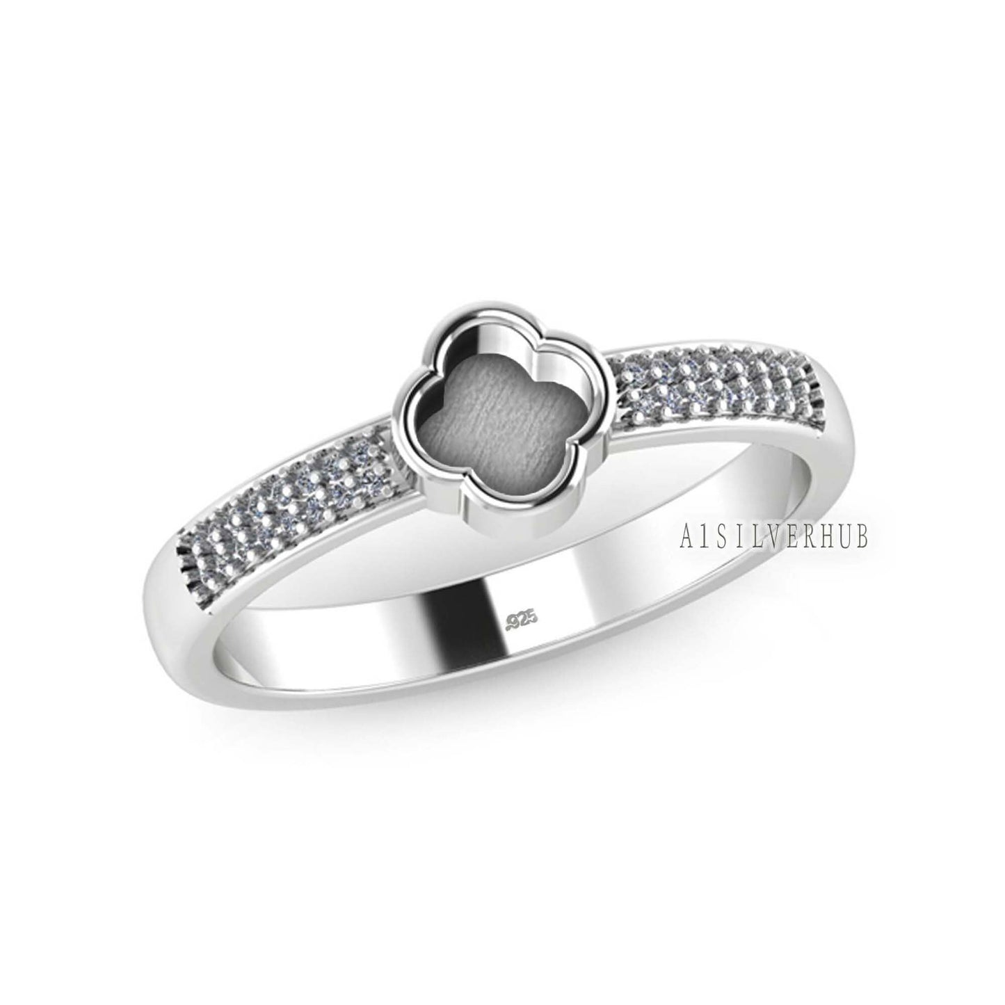 925 Sterling Solid Silver 5mm Clover Blank Bezel with CZ Setted on Band Ring, Good for Resin & Ashes Work, Breastmilk DIY, Keepsake Jewelry