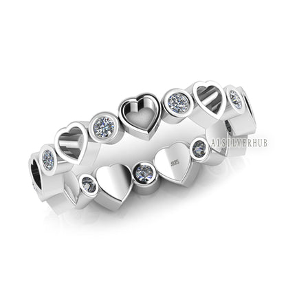 925 Sterling Solid Silver Heart Blank Bezel with CZ Setted Eternity Band Ring, Good for Resin & Ashes Work, Breastmilk DIY Crafts, Love Ring