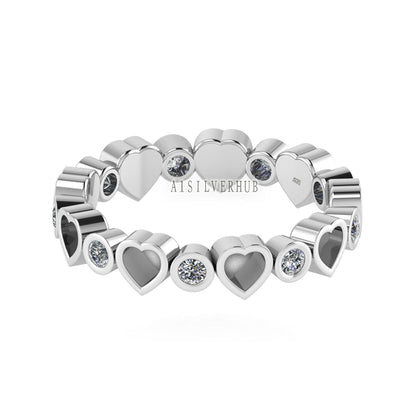 925 Sterling Solid Silver Heart Blank Bezel with CZ Setted Eternity Band Ring, Good for Resin & Ashes Work, Breastmilk DIY Crafts, Love Ring