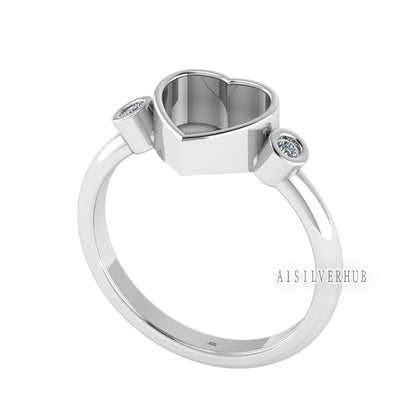 925 Sterling Solid Silver Heart 8x8mm Blank Bezel with CZ Setted Ring, Good for Resin & Ashes Work, Keepsake/Breastmilk DIY, Jewelry Crafts