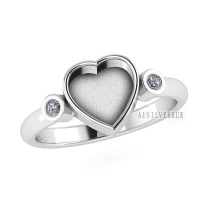 925 Sterling Solid Silver Heart 8x8mm Blank Bezel with CZ Setted Ring, Good for Resin & Ashes Work, Keepsake/Breastmilk DIY, Jewelry Crafts