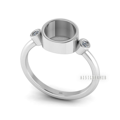 925 Sterling Solid Silver Round 8mm Blank Bezel with CZ Setted Ring, Good for Resin & Ashes Work, Keepsake/Breastmilk DIY, Jewelry Crafts