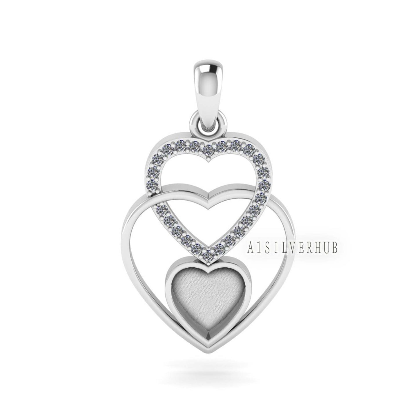 925 Sterling Silver, Triple Heart Design 8x8mm Blank Bezel Zircon Setted Pendant,Good for Stone, Resin & Ashes Work, Keepsake/Breastmilk DIY