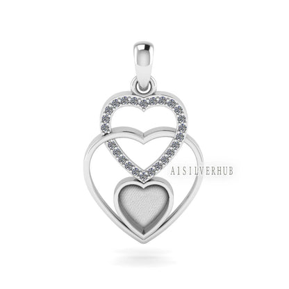 925 Sterling Silver, Triple Heart Design 8x8mm Blank Bezel Zircon Setted Pendant,Good for Stone, Resin & Ashes Work, Keepsake/Breastmilk DIY