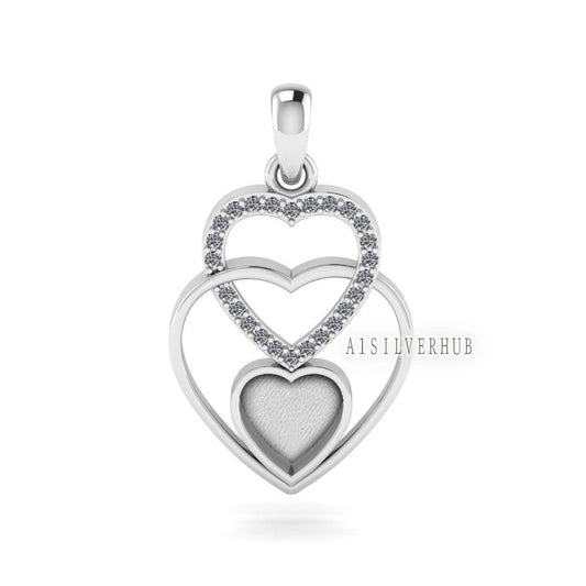 925 Sterling Silver, Triple Heart Design 8x8mm Blank Bezel Zircon Setted Pendant,Good for Stone, Resin & Ashes Work, Keepsake/Breastmilk DIY