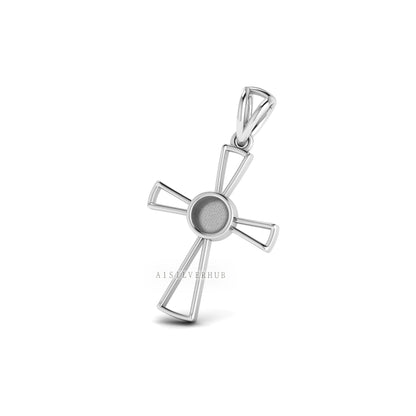 925 Sterling Solid Silver Cross Design Round Blank Bezel Pendant Setting, Good for Resin & Ashes Work, Keepsake/Breastmilk Memorial Jewelry
