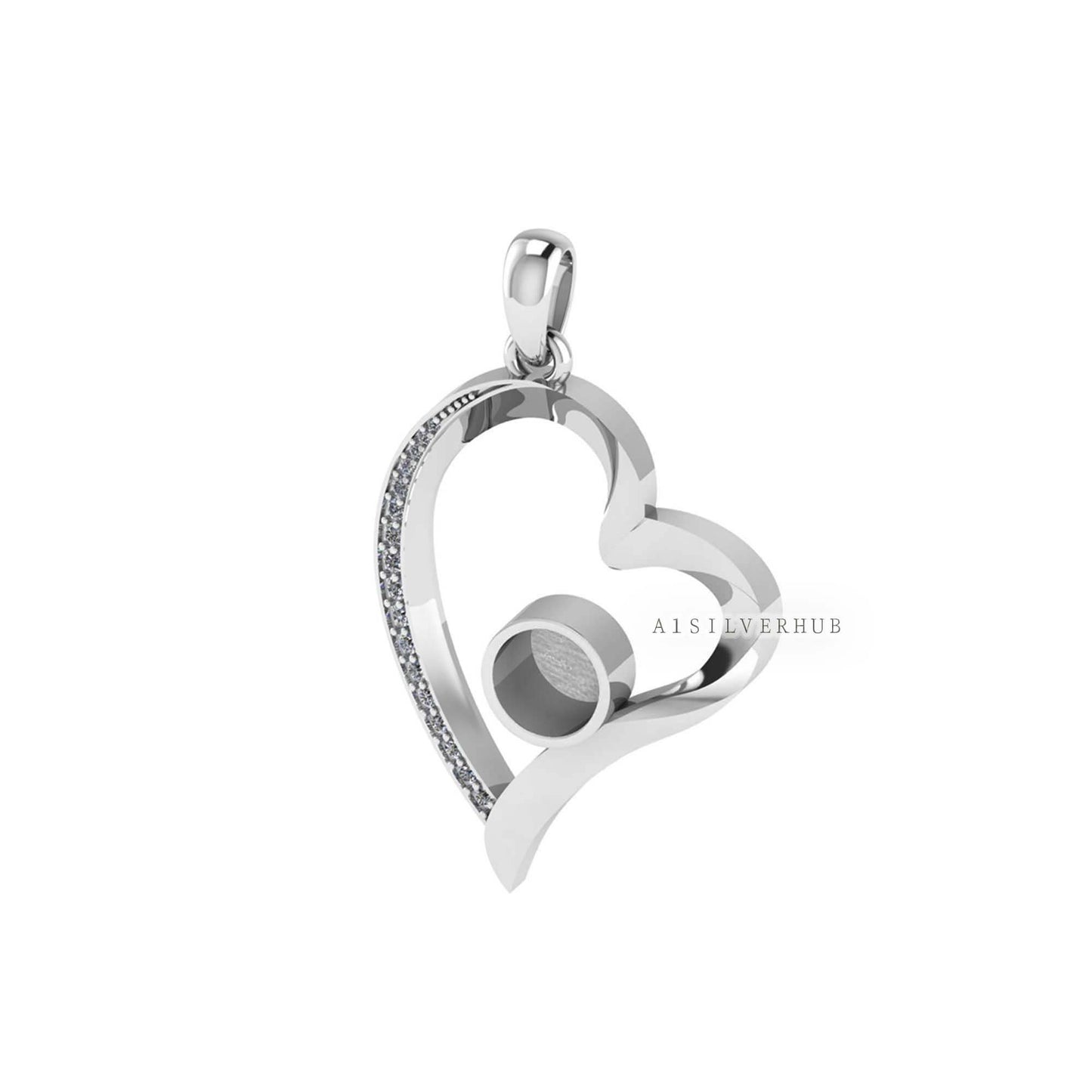 Sweetheart with Zircon Setted 6mm Round Blank Bezel Pendant, 925 Sterling Silver, Good for Stone, Resin & Ashes, Keepsake/Breastmilk Crafts