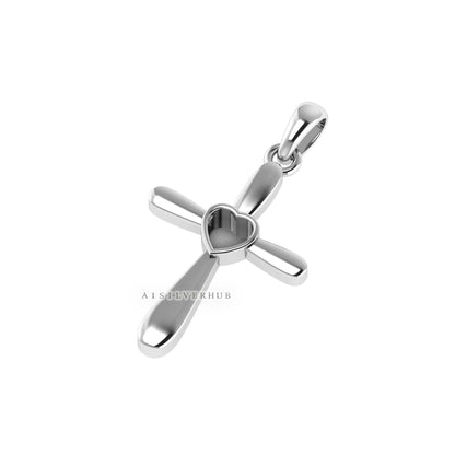 925 Sterling Solid Silver Cross Design Heart Blank Bezel Pendant Setting, Good for Resin & Ashes Work, Keepsake/Breastmilk Memorial Jewelry
