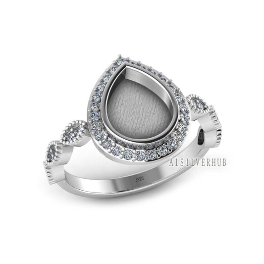 925 Sterling Solid Silver 8x10mm Pear Blank Bezel with CZ Setted, Good for Resin & Ashes Work Breastmilk DIY Crafts, Keepsake Stackable Ring
