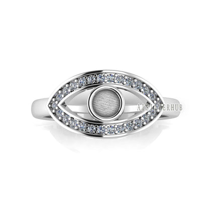 925 Sterling Solid Silver Evil Eye 4mm Round Blank Bezel with CZ Setted Ring, Good for Resin & Ashes Work, Keepsake/Breastmilk Jewelry Craft