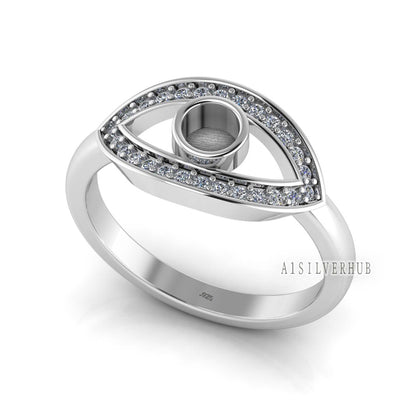 925 Sterling Solid Silver Evil Eye 4mm Round Blank Bezel with CZ Setted Ring, Good for Resin & Ashes Work, Keepsake/Breastmilk Jewelry Craft