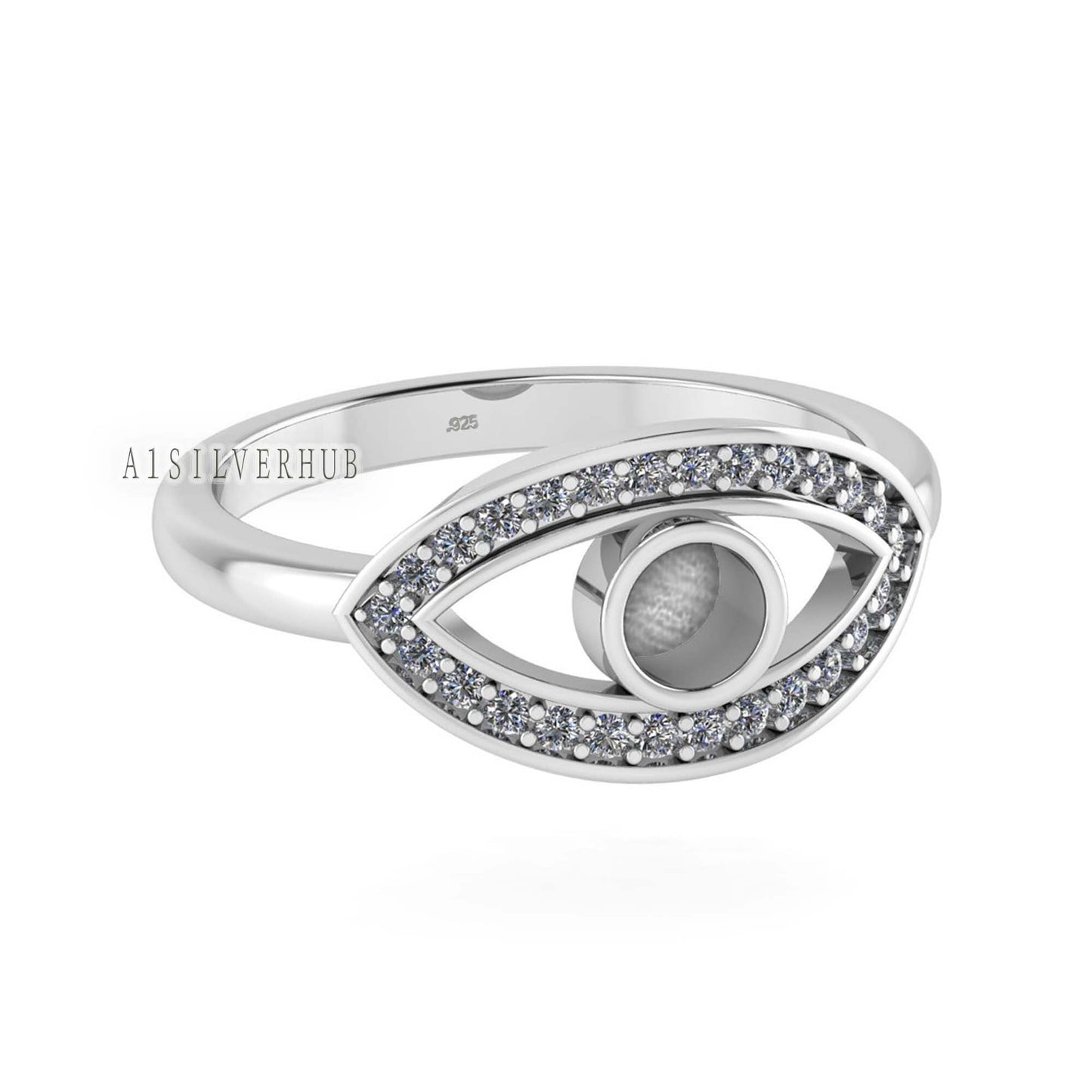 925 Sterling Solid Silver Evil Eye 4mm Round Blank Bezel with CZ Setted Ring, Good for Resin & Ashes Work, Keepsake/Breastmilk Jewelry Craft