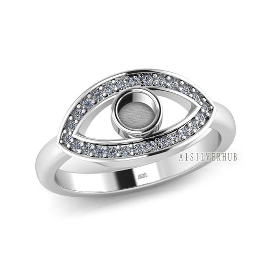 925 Sterling Solid Silver Evil Eye 4mm Round Blank Bezel with CZ Setted Ring, Good for Resin & Ashes Work, Keepsake/Breastmilk Jewelry Craft