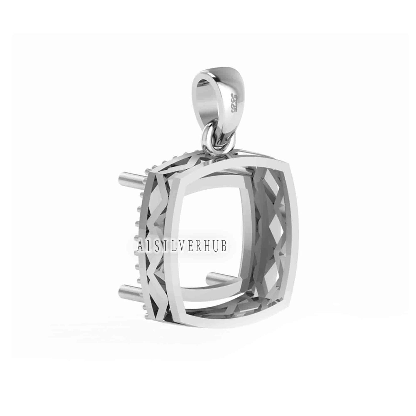 Solitaire Cushion Blank Pre Notched Pendant with Zircon Setted, 925 Sterling Silver Semi Mount Pendant, Good for Gemstone, Memorial Locket