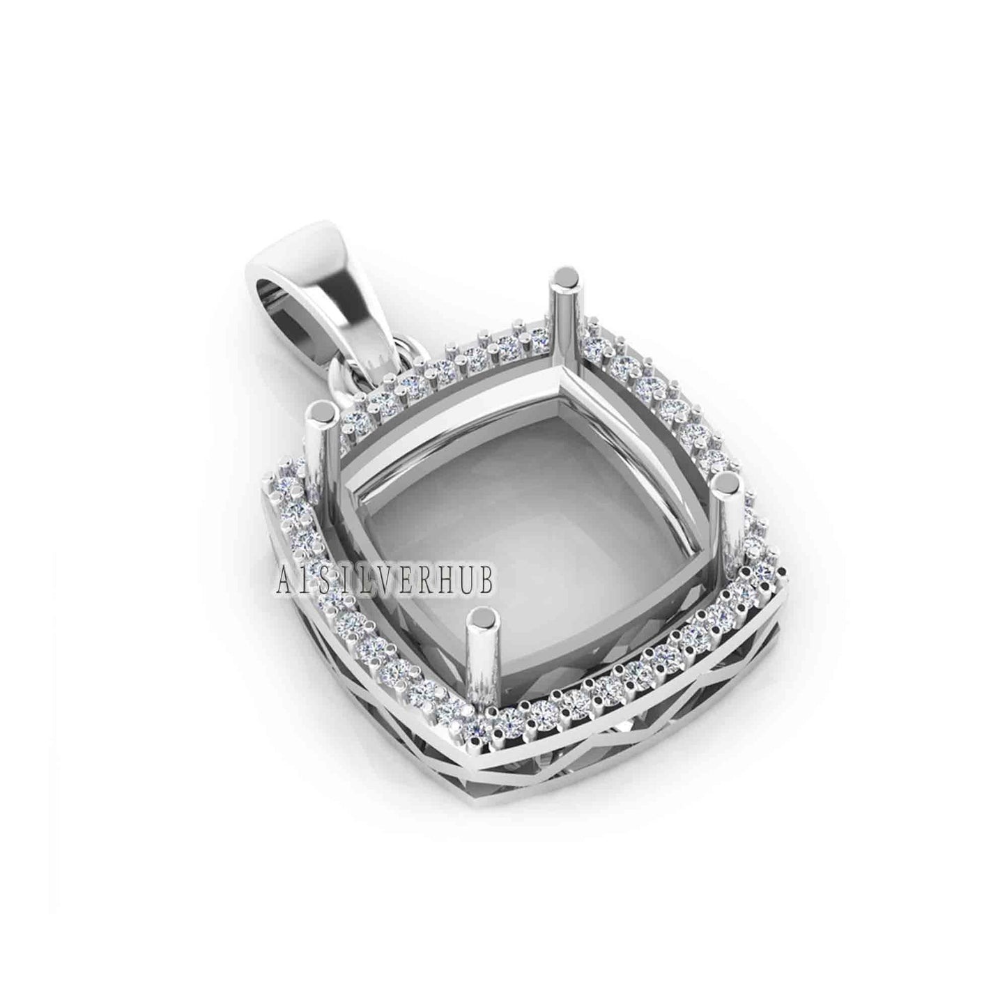 Solitaire Cushion Blank Pre Notched Pendant with Zircon Setted, 925 Sterling Silver Semi Mount Pendant, Good for Gemstone, Memorial Locket