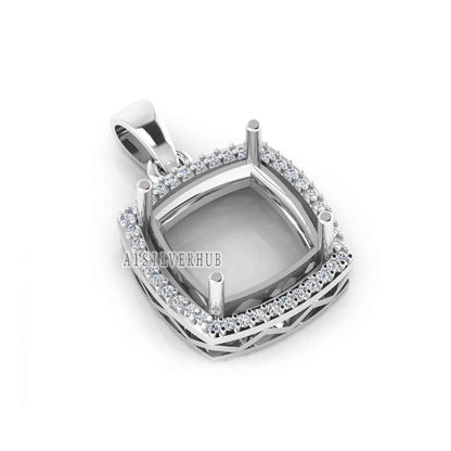Solitaire Cushion Blank Pre Notched Pendant with Zircon Setted, 925 Sterling Silver Semi Mount Pendant, Good for Gemstone, Memorial Locket