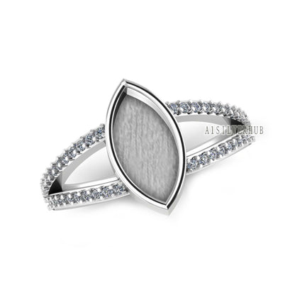 925 Sterling Solid Silver 12x6mm Marquise Blank Bezel with Zircon Setted Ring, Good for Stone, Resin & Ashes, Keepsake/Breastmilk DIY Crafts