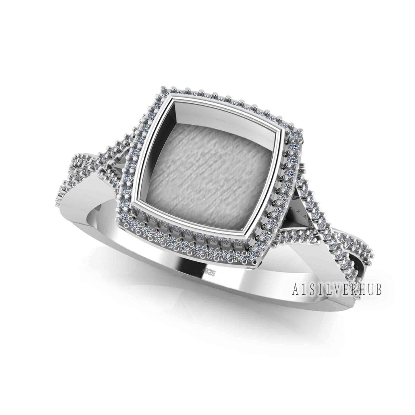 925 Sterling Solid Silver 8mm Cushion Blank Bezel with Surrounded CZ Setted Halo Ring, Good for Resin & Ashes Work, Breastmilk/Keepsake DIY