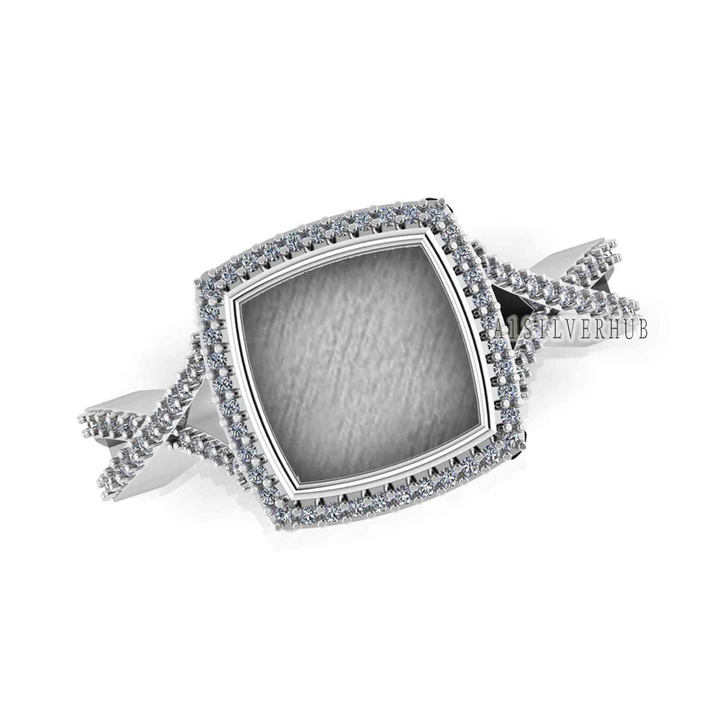 925 Sterling Solid Silver 8mm Cushion Blank Bezel with Surrounded CZ Setted Halo Ring, Good for Resin & Ashes Work, Breastmilk/Keepsake DIY