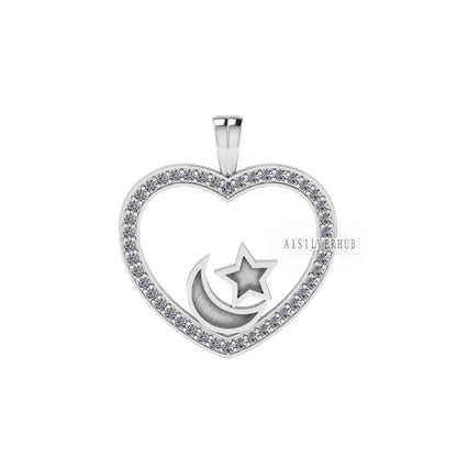 Heart with Zircon Setted Star Moon Blank Bezel Pendant, 925 Sterling Silver, Good for Resin & Ashes Work, Breastmilk/Keepsake DIY, Locket