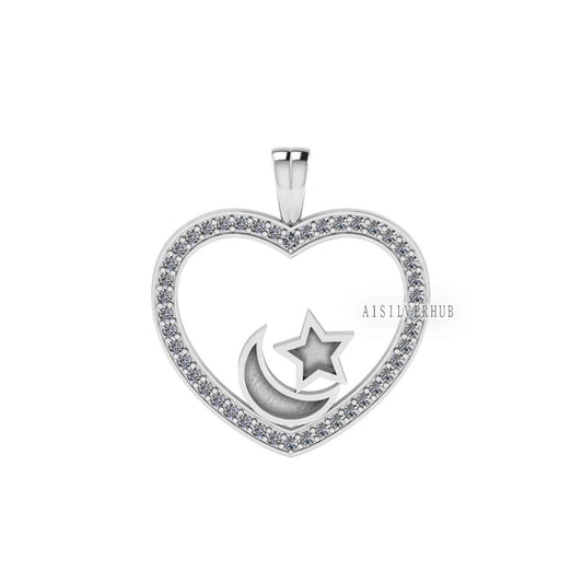 Heart with Zircon Setted Star Moon Blank Bezel Pendant, 925 Sterling Silver, Good for Resin & Ashes Work, Breastmilk/Keepsake DIY, Locket