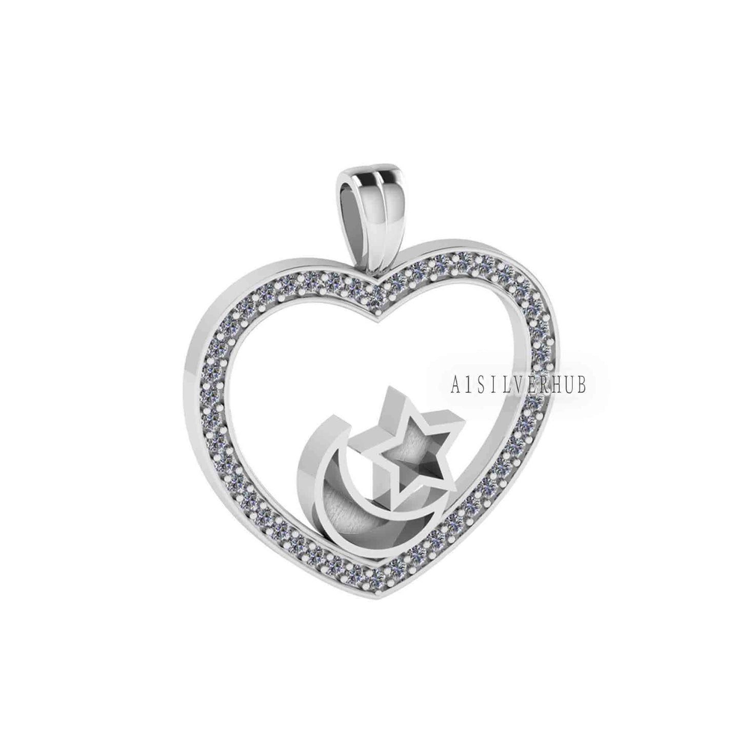 Heart with Zircon Setted Star Moon Blank Bezel Pendant, 925 Sterling Silver, Good for Resin & Ashes Work, Breastmilk/Keepsake DIY, Locket
