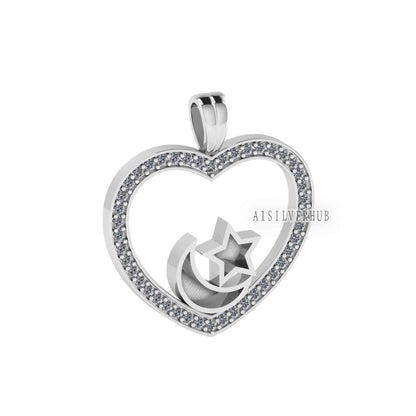 Heart with Zircon Setted Star Moon Blank Bezel Pendant, 925 Sterling Silver, Good for Resin & Ashes Work, Breastmilk/Keepsake DIY, Locket