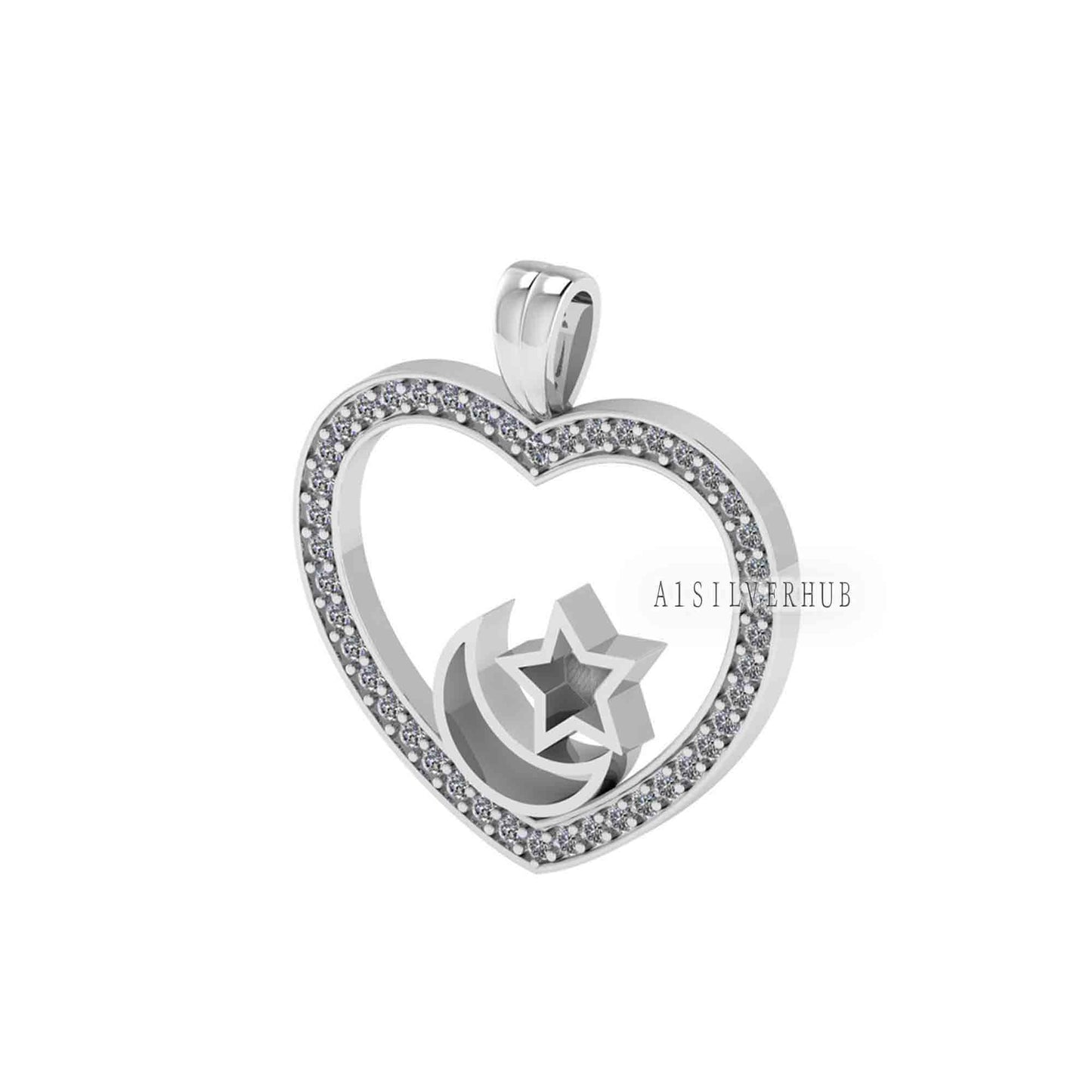Heart with Zircon Setted Star Moon Blank Bezel Pendant, 925 Sterling Silver, Good for Resin & Ashes Work, Breastmilk/Keepsake DIY, Locket