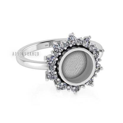 925 Sterling Solid Silver Round 8mm Blank Bezel With CZ Setted Sunflower Ring, Good for Gemstone, Resin & Ashes Work,Keepsake/Breastmilk DIY