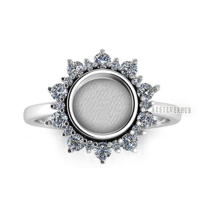 925 Sterling Solid Silver Round 8mm Blank Bezel With CZ Setted Sunflower Ring, Good for Gemstone, Resin & Ashes Work,Keepsake/Breastmilk DIY