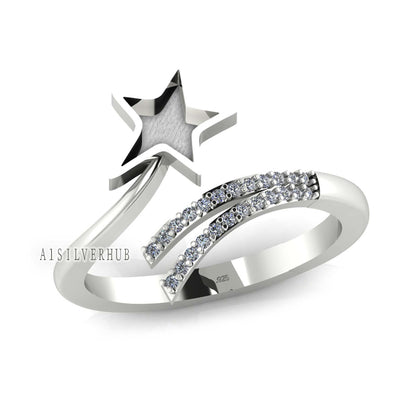 925 Sterling Solid Silver Star 5mm Blank Bezel with CZ Setted Adjustable Ring, Good for Pour Resin & Ashes Work, Keepsake/Breastmilk Crafts