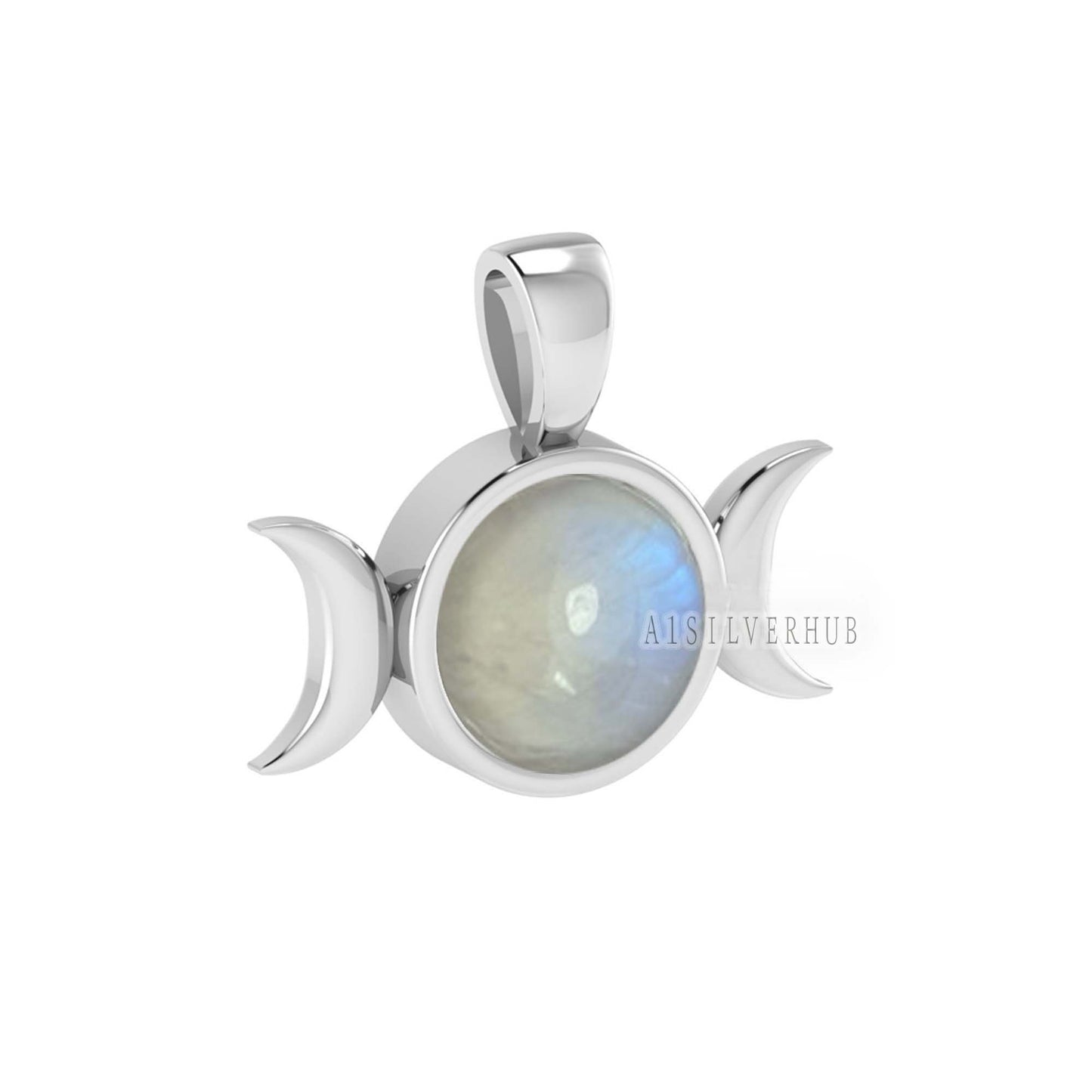 925 Sterling Silver Fiery Rainbow Moonstone Round 8mm Half Moon Designer Pendant, Keepsake Memorial Locket, Boho Pendant, Gifts For Women