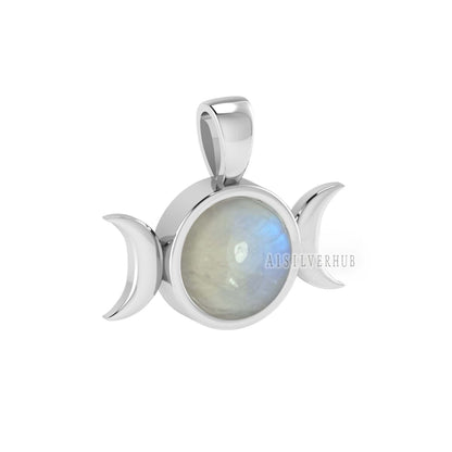 925 Sterling Silver Fiery Rainbow Moonstone Round 8mm Half Moon Designer Pendant, Keepsake Memorial Locket, Boho Pendant, Gifts For Women