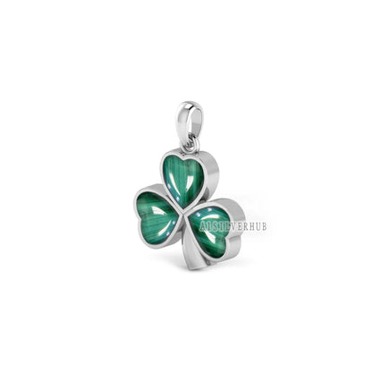 925 Sterling Silver Natural Malachite Three Leaf Heart Cabochon 9x9mm, Luck of the Irish, Shamrock Clover Pendant, Handmade Pendant, Gifts