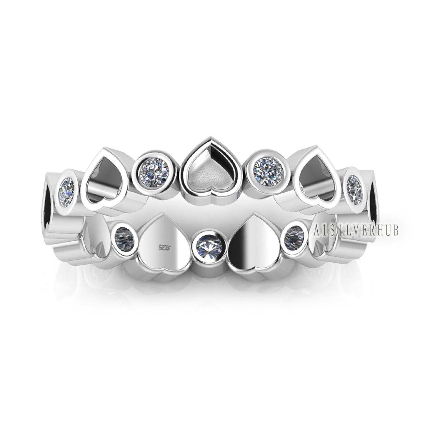 925 Sterling Solid Silver Heart Blank Bezel with CZ Setted Eternity Band Ring, Good for Resin & Ashes Work, Breastmilk DIY Crafts, Love Ring