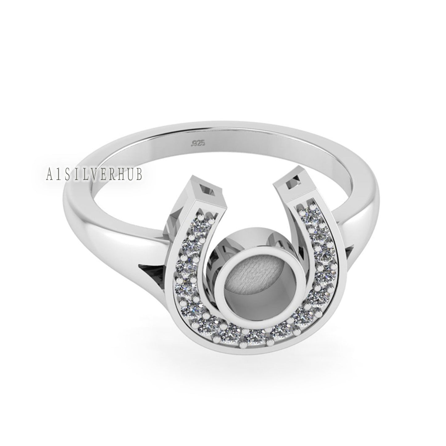 925 Sterling Solid Silver Good Luck Horse Shoe 5mm Round Blank Bezel with CZ Setted Ring, Good for Resin & Ashes Work, Keepsake DIY Crafts