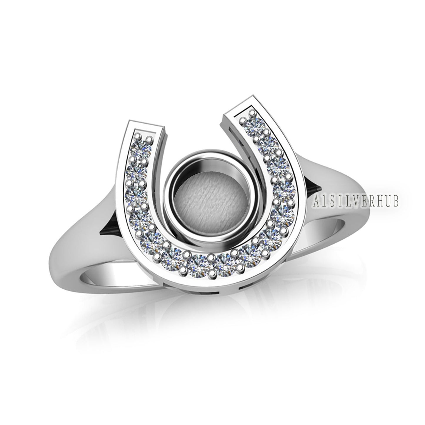 925 Sterling Solid Silver Good Luck Horse Shoe 5mm Round Blank Bezel with CZ Setted Ring, Good for Resin & Ashes Work, Keepsake DIY Crafts