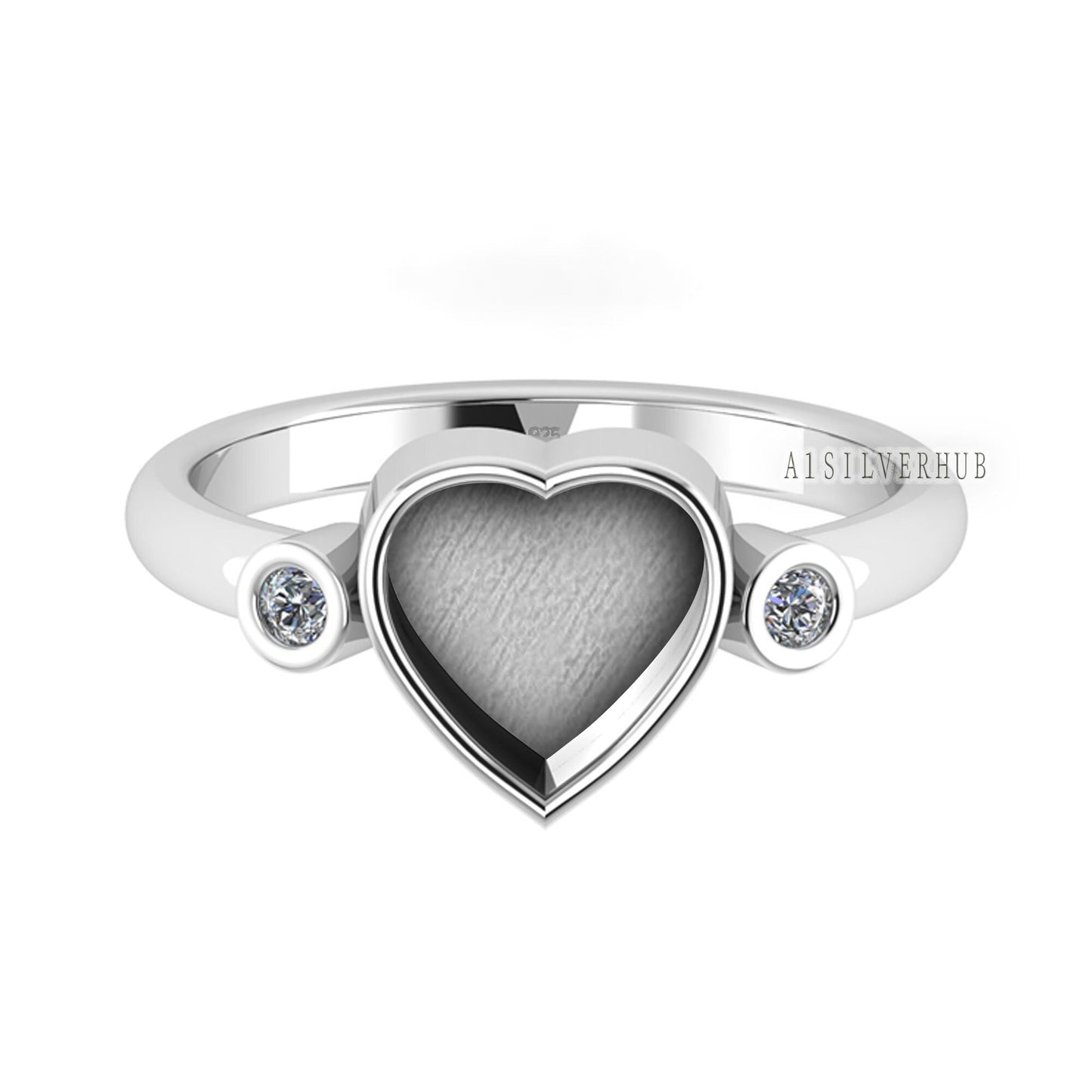 925 Sterling Solid Silver Heart 8x8mm Blank Bezel with CZ Setted Ring, Good for Resin & Ashes Work, Keepsake/Breastmilk DIY, Jewelry Crafts