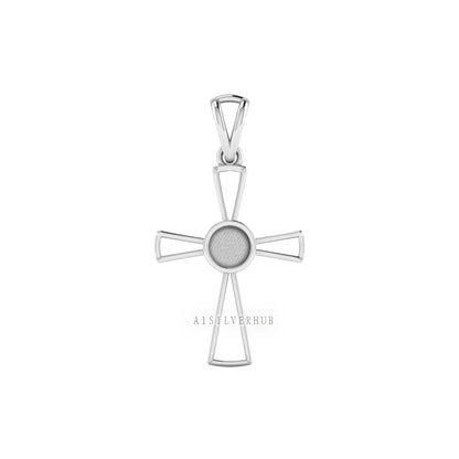 925 Sterling Solid Silver Cross Design Round Blank Bezel Pendant Setting, Good for Resin & Ashes Work, Keepsake/Breastmilk Memorial Jewelry