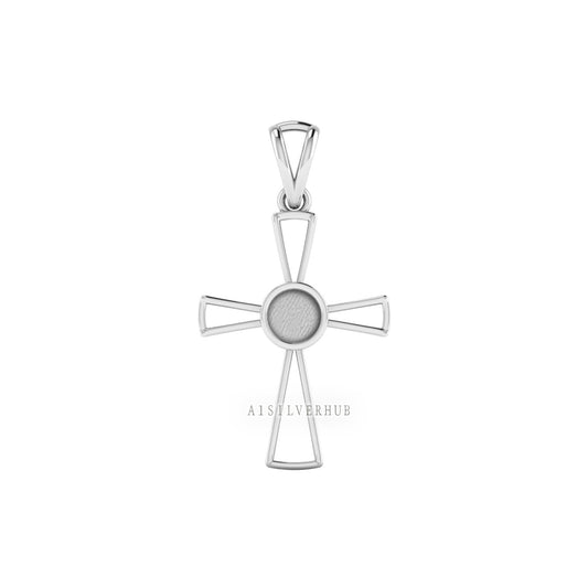 925 Sterling Solid Silver Cross Design Round Blank Bezel Pendant Setting, Good for Resin & Ashes Work, Keepsake/Breastmilk Memorial Jewelry