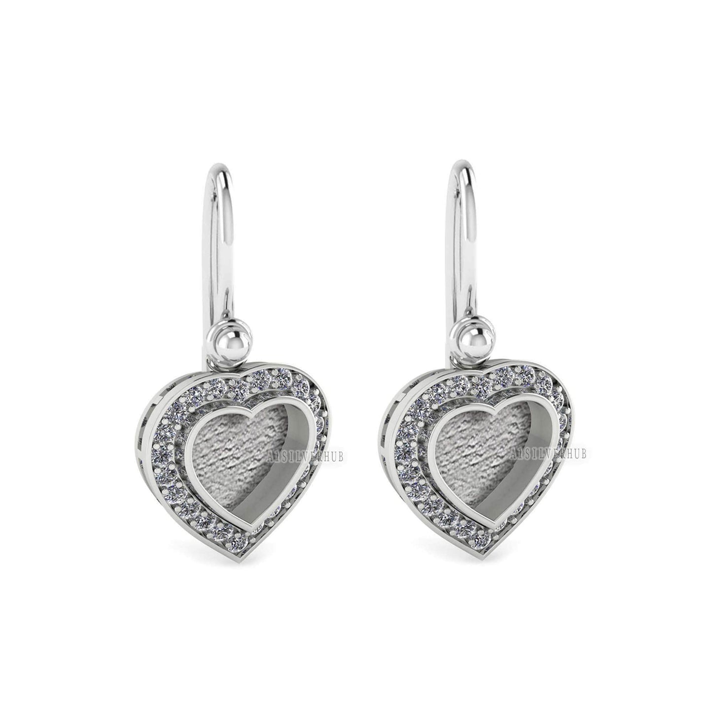 Heart Shape Blank Bezel Dangle Earrings with Zircon Setted, 925 Sterling Silver, Good for Resin & Ashes Work, Memorial Jewelry, Gift For Her