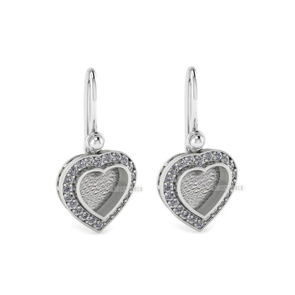 Heart Shape Blank Bezel Dangle Earrings with Zircon Setted, 925 Sterling Silver, Good for Resin & Ashes Work, Memorial Jewelry, Gift For Her