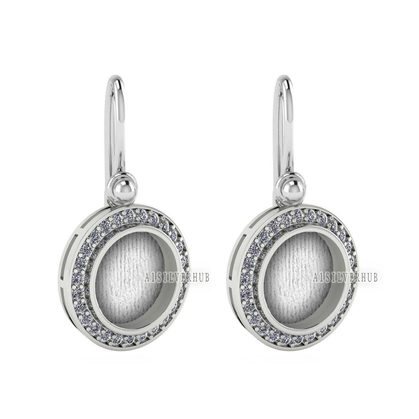 Round Shape Blank Bezel Dangle Earrings, Surrounded with CZ, 925 Sterling Silver, Good for Resin & Ashes Work, Keepsake Jewelry,Gift For Her