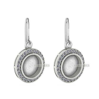 Round Shape Blank Bezel Dangle Earrings, Surrounded with CZ, 925 Sterling Silver, Good for Resin & Ashes Work, Keepsake Jewelry,Gift For Her
