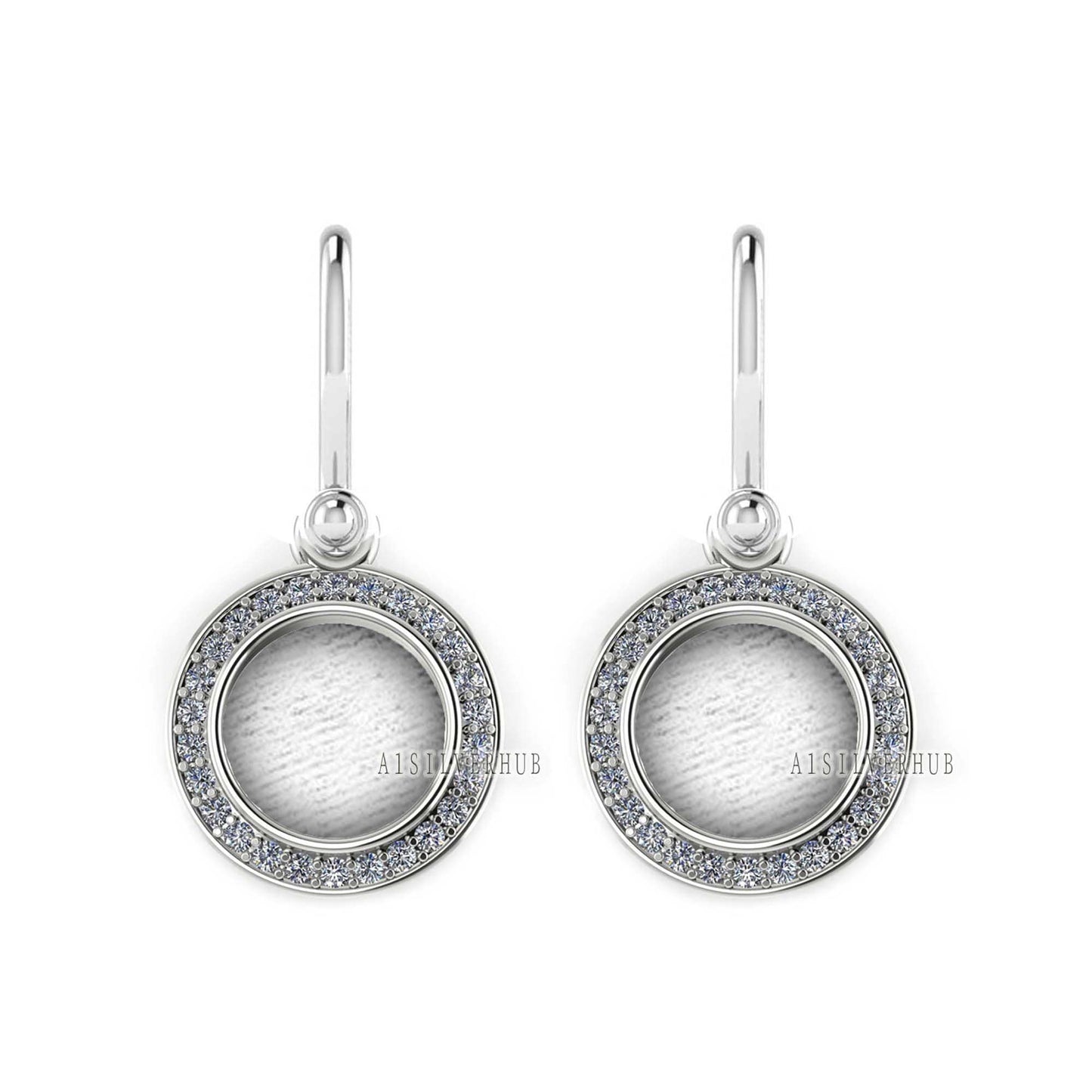 Round Shape Blank Bezel Dangle Earrings, Surrounded with CZ, 925 Sterling Silver, Good for Resin & Ashes Work, Keepsake Jewelry,Gift For Her