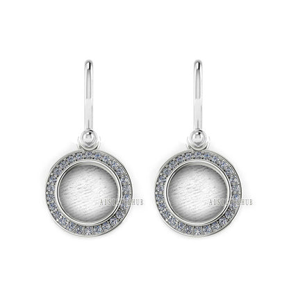 Round Shape Blank Bezel Dangle Earrings, Surrounded with CZ, 925 Sterling Silver, Good for Resin & Ashes Work, Keepsake Jewelry,Gift For Her