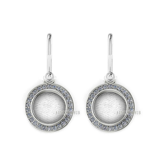 Round Shape Blank Bezel Dangle Earrings, Surrounded with CZ, 925 Sterling Silver, Good for Resin & Ashes Work, Keepsake Jewelry,Gift For Her
