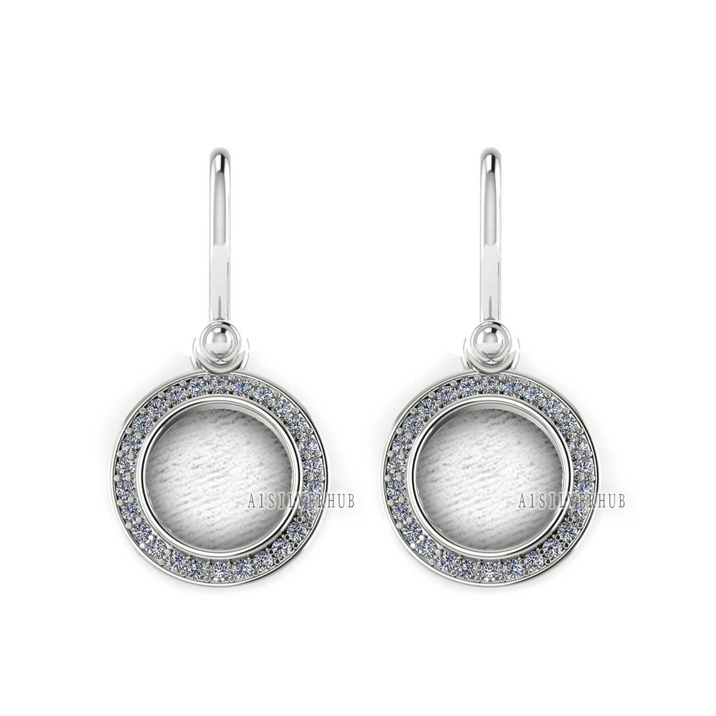 Round Shape Blank Bezel Dangle Earrings, Surrounded with CZ, 925 Sterling Silver, Good for Resin & Ashes Work, Keepsake Jewelry,Gift For Her