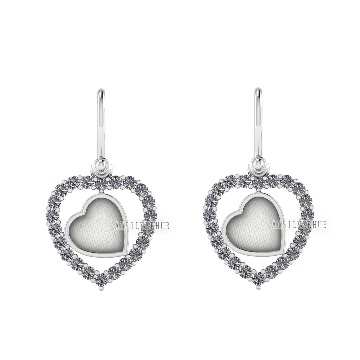 Heart with Zircon Setted 8mm Blank Bezel Dangle Earrings, 925 Sterling Silver, Good for Stone, Resin & Ashes Work, Breast Milk DIY, Keepsake